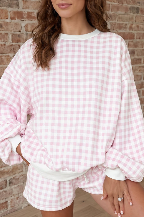 Plaid Baggy Pullover Drawstring Shorts Coordinated Two Piece Set