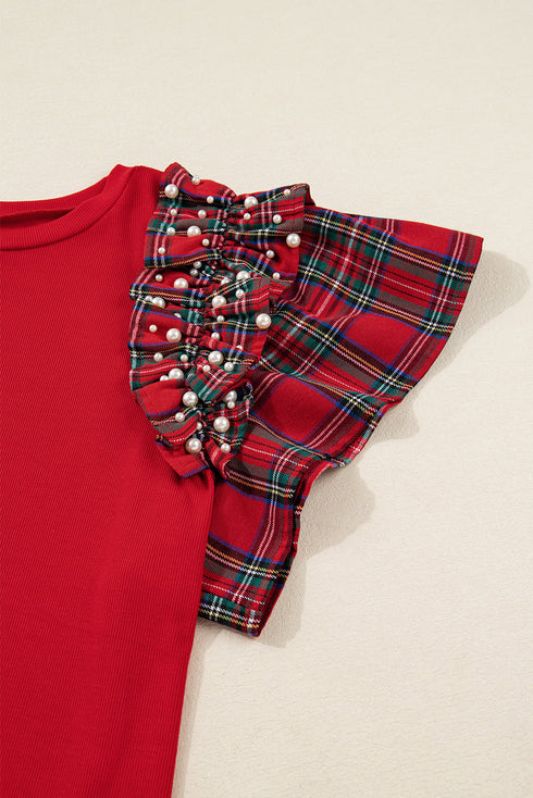 Plaid Beaded Ruffled Short Sleeve Ribbed Knit Shirt