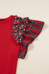 Plaid Beaded Ruffled Short Sleeve Ribbed Knit Shirt