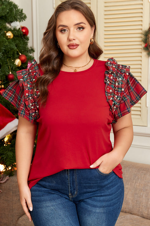 Plaid Beaded Ruffled Short Sleeve Ribbed Knit Shirt