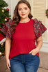 Plaid Beaded Ruffled Short Sleeve Ribbed Knit Shirt