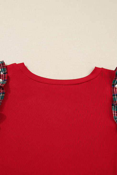Plaid Beaded Ruffled Short Sleeve Ribbed Knit Shirt