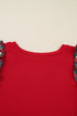 Plaid Beaded Ruffled Short Sleeve Ribbed Knit Shirt