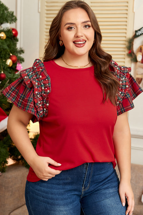 Plaid Beaded Ruffled Short Sleeve Ribbed Knit Shirt