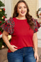 Plaid Beaded Ruffled Short Sleeve Ribbed Knit Shirt