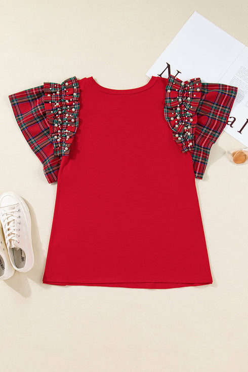Plaid Beaded Ruffled Short Sleeve Ribbed Knit Shirt