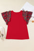 Plaid Beaded Ruffled Short Sleeve Ribbed Knit Shirt
