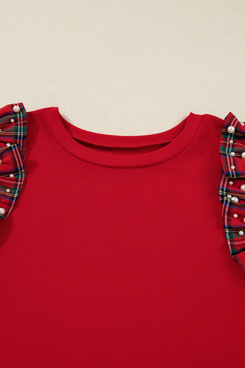 Plaid Beaded Ruffled Short Sleeve Ribbed Knit Shirt