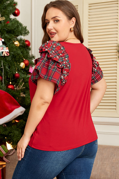 Plaid Beaded Ruffled Short Sleeve Ribbed Knit Shirt