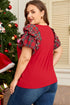 Plaid Beaded Ruffled Short Sleeve Ribbed Knit Shirt