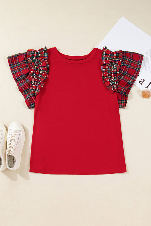 Plaid Beaded Ruffled Short Sleeve Ribbed Knit Shirt
