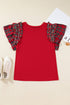 Plaid Beaded Ruffled Short Sleeve Ribbed Knit Shirt