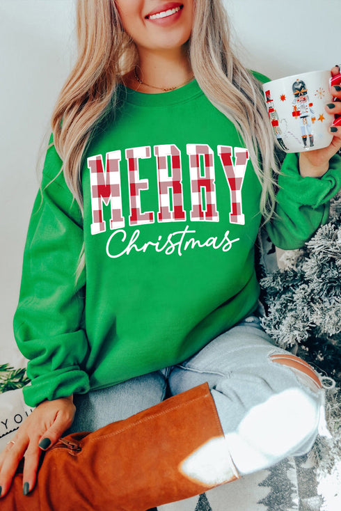 Plaid Block Letter Graphic Crew Neck Sweatshirt