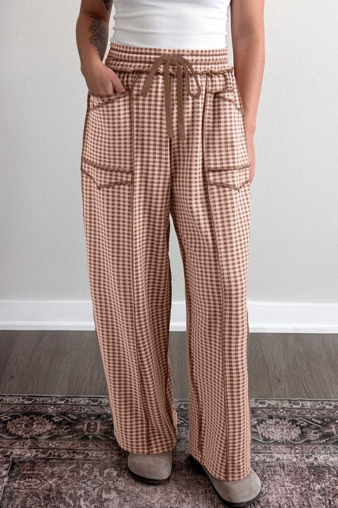 Plaid Border Trim Drawstring Elastic Waist Shift Lounge Pants