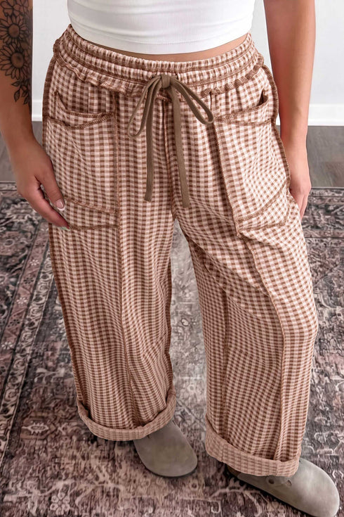 Plaid Border Trim Drawstring Elastic Waist Shift Lounge Pants