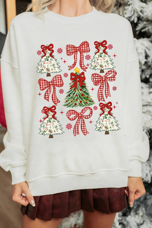 Plaid Bow And Tree Graphic Pullover Sweatshirt