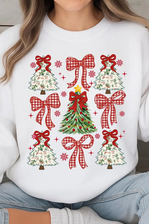 Plaid Bow And Tree Graphic Pullover Sweatshirt