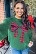 Plaid Bow Applique Crewneck Drop Shoulder Chunky Knit Sweater