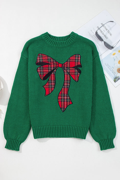 Plaid Bow Applique Crewneck Drop Shoulder Chunky Knit Sweater