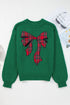 Plaid Bow Applique Crewneck Drop Shoulder Chunky Knit Sweater