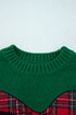 Plaid Bow Applique Crewneck Drop Shoulder Chunky Knit Sweater