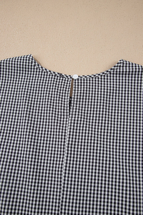 Plaid Bow Decor Bell Sleeve Round Neck Top