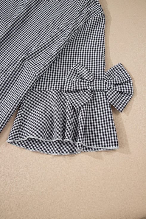 Plaid Bow Decor Bell Sleeve Round Neck Top