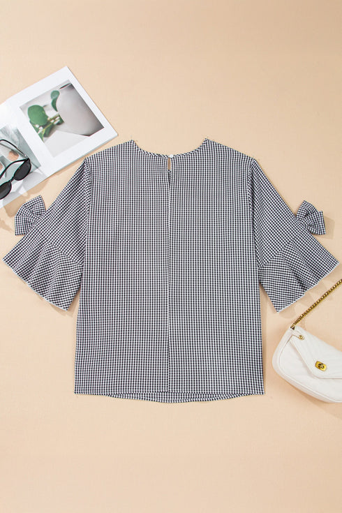 Plaid Bow Decor Bell Sleeve Round Neck Top