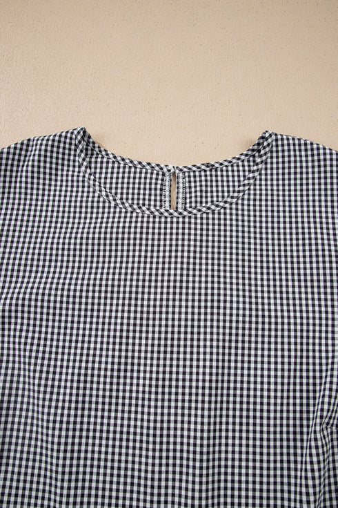 Plaid Bow Decor Bell Sleeve Round Neck Top