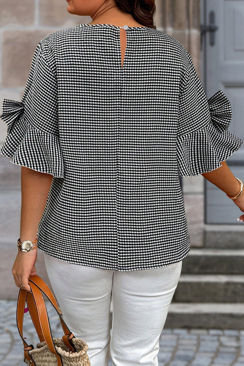 Plaid Bow Decor Bell Sleeve Round Neck Top