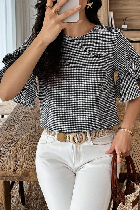 Plaid Bow Ruffled Half Sleeve Round Neck Blouse