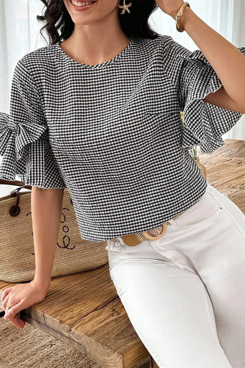 Plaid Bow Ruffled Half Sleeve Round Neck Blouse