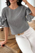 Plaid Bow Ruffled Half Sleeve Round Neck Blouse