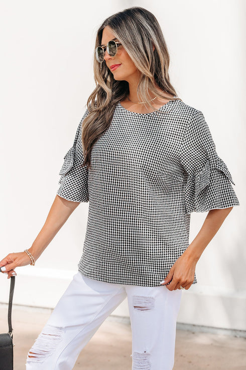 Plaid Bow Ruffled Half Sleeve Round Neck Blouse