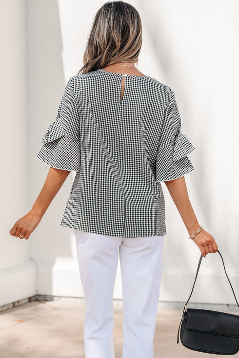 Plaid Bow Ruffled Half Sleeve Round Neck Blouse