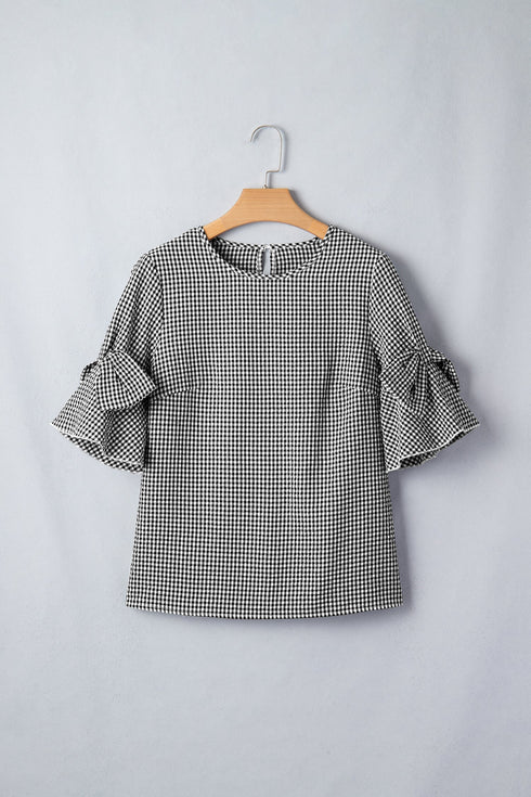 Plaid Bow Ruffled Half Sleeve Round Neck Blouse