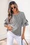 Plaid Bow Ruffled Half Sleeve Round Neck Blouse