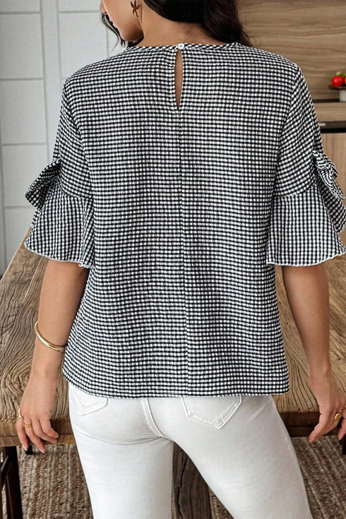 Plaid Bow Ruffled Half Sleeve Round Neck Blouse