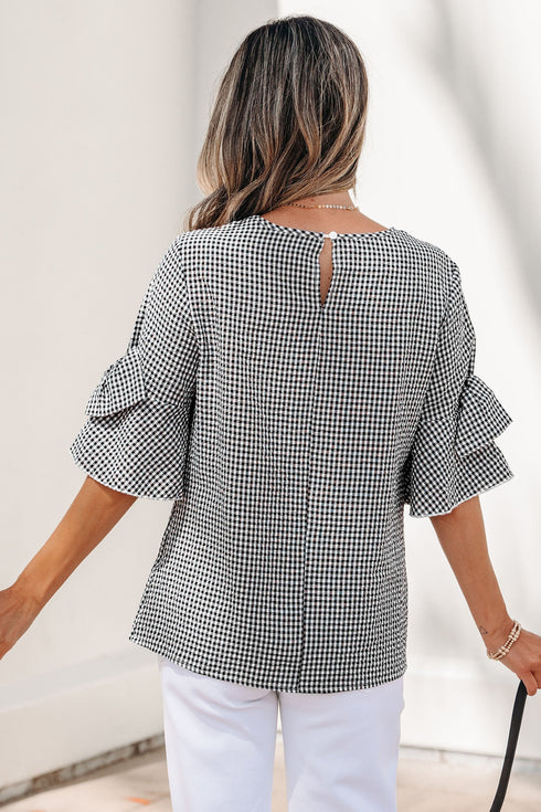 Plaid Bow Ruffled Half Sleeve Round Neck Blouse