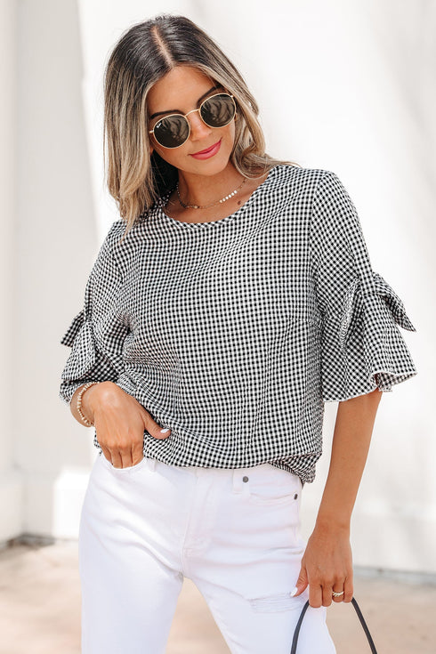 Plaid Bow Ruffled Half Sleeve Round Neck Blouse
