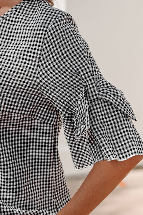 Plaid Bow Ruffled Half Sleeve Round Neck Blouse