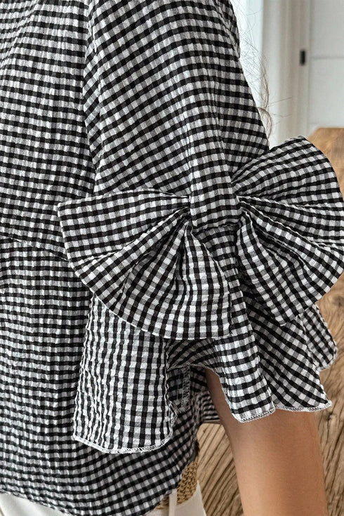 Plaid Bow Ruffled Half Sleeve Round Neck Blouse