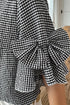 Plaid Bow Ruffled Half Sleeve Round Neck Blouse