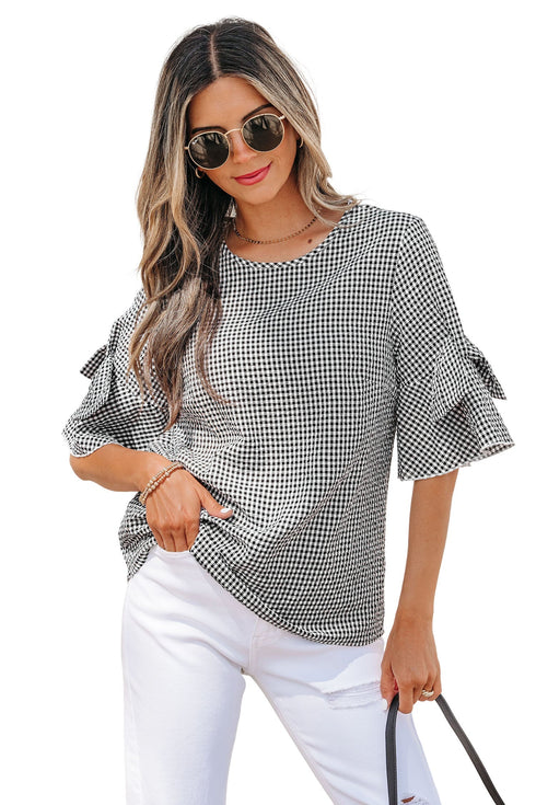 Plaid Bow Ruffled Half Sleeve Round Neck Blouse