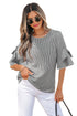Plaid Bow Ruffled Half Sleeve Round Neck Blouse