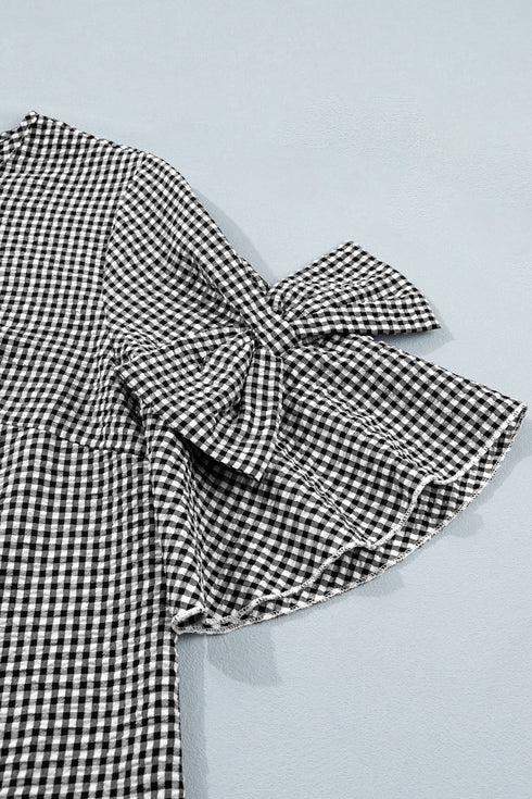 Plaid Bow Ruffled Half Sleeve Round Neck Blouse