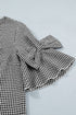 Plaid Bow Ruffled Half Sleeve Round Neck Blouse