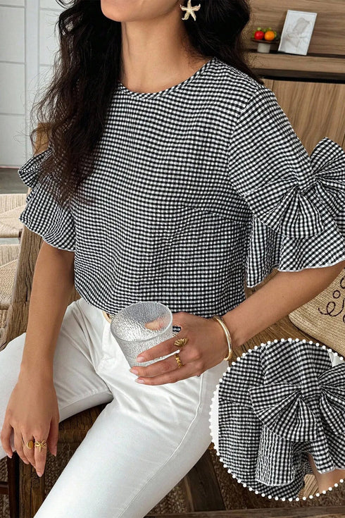 Plaid Bow Ruffled Half Sleeve Round Neck Blouse
