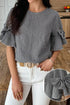 Plaid Bow Ruffled Half Sleeve Round Neck Blouse