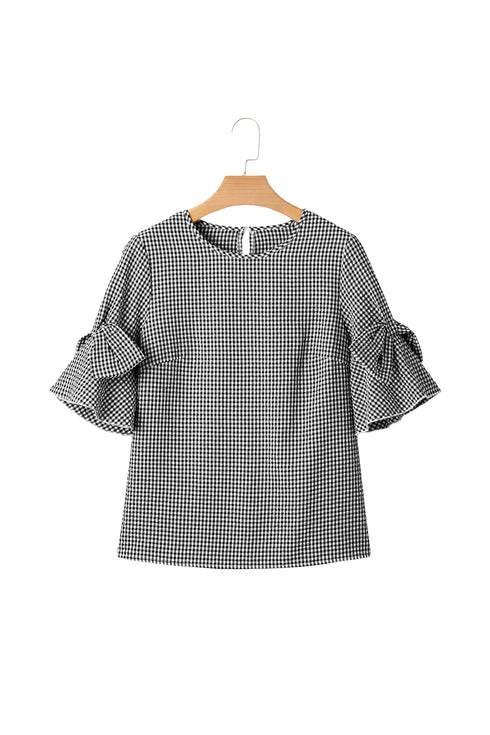 Plaid Bow Ruffled Half Sleeve Round Neck Blouse